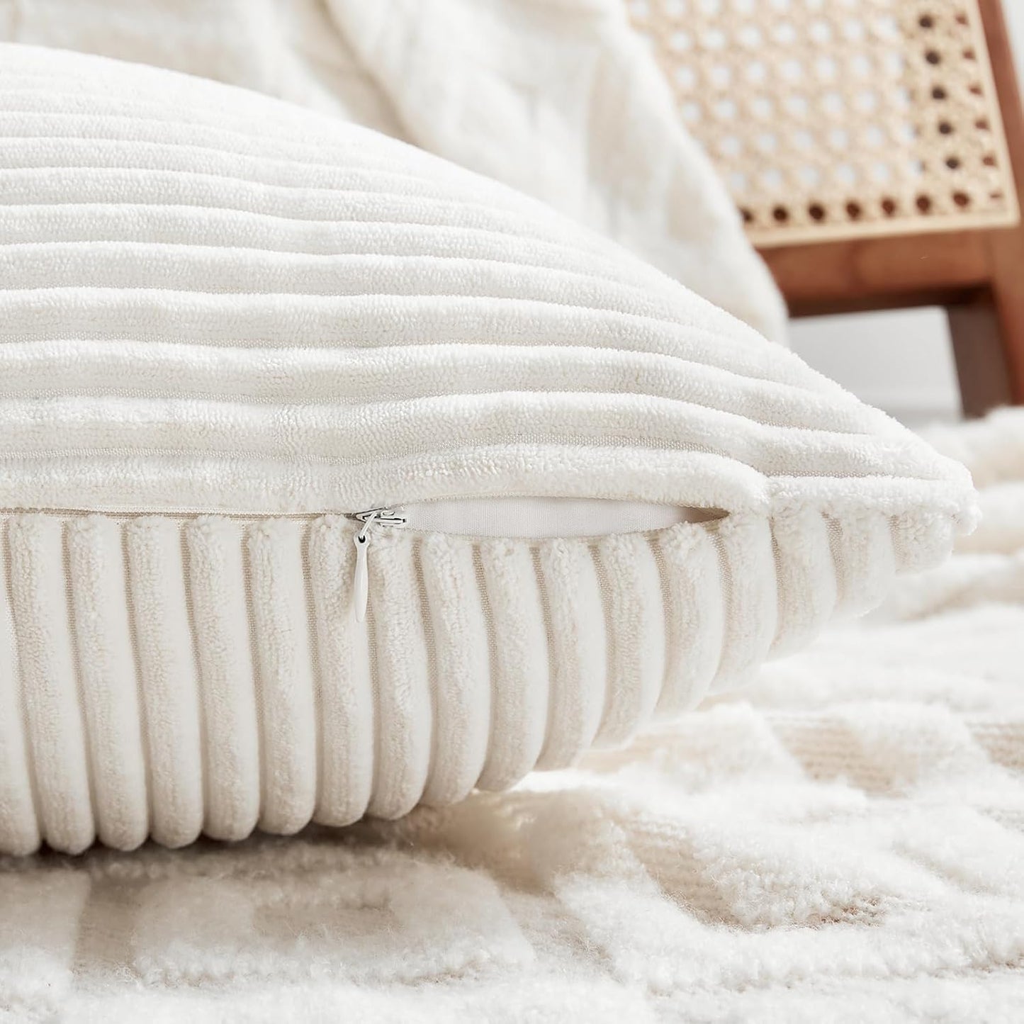 Fancy Homi 2 Packs Cream White Lumbar Decorative Throw Pillow Covers 14x24 Inch for Couch Bed Sofa, Rustic Farmhouse Boho Home Decor, Soft Striped Corduroy Rectangle Accent Cushion Case 35x60 cm