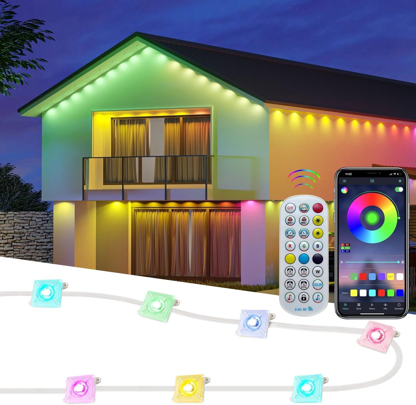 Permanent Outdoor Lights,Intelligent RGB+IC Outdoor Lights with a Wide Range of Scene Modes, IP67 Waterproof, Patio, Eave, Outdoor Decorations,with App/Remote Control (50FT)