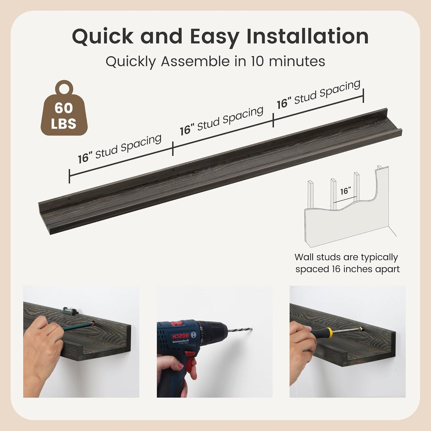 Picture Ledge Shelf, Floating Shelves Set of 2, Solid Pine Wood 55'' Long Large Nursery Book Shelves for Toys Storage, Kids Bookshelf for Living Room Bedroom Decor Books Photo Frames, Grey