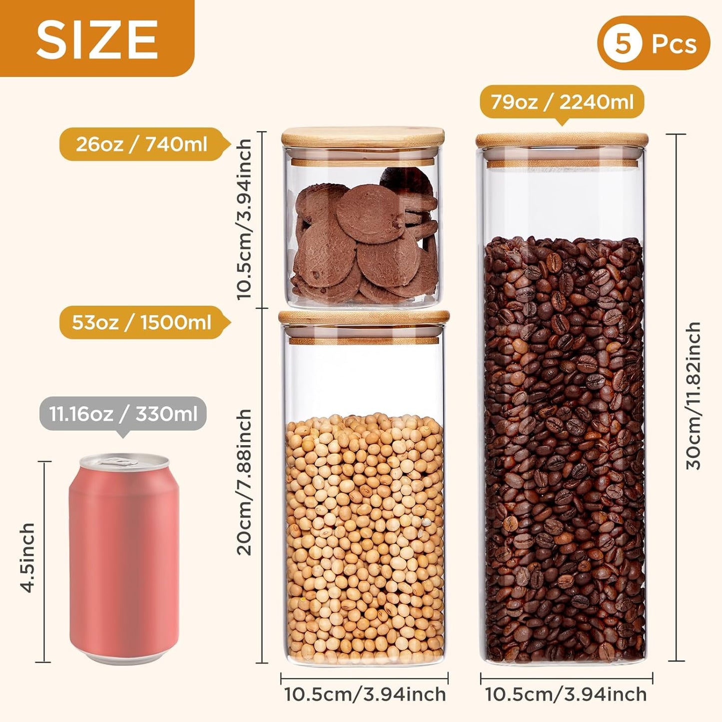 Square Glass Food Storage Jars with Lids[Set of 5], Perfect for Pasta, Cookies, Nuts, Coffee, Cereal, Flour,Organize Your Kitchen and Pantry with these BPA-Free Glass Jars with Canisters