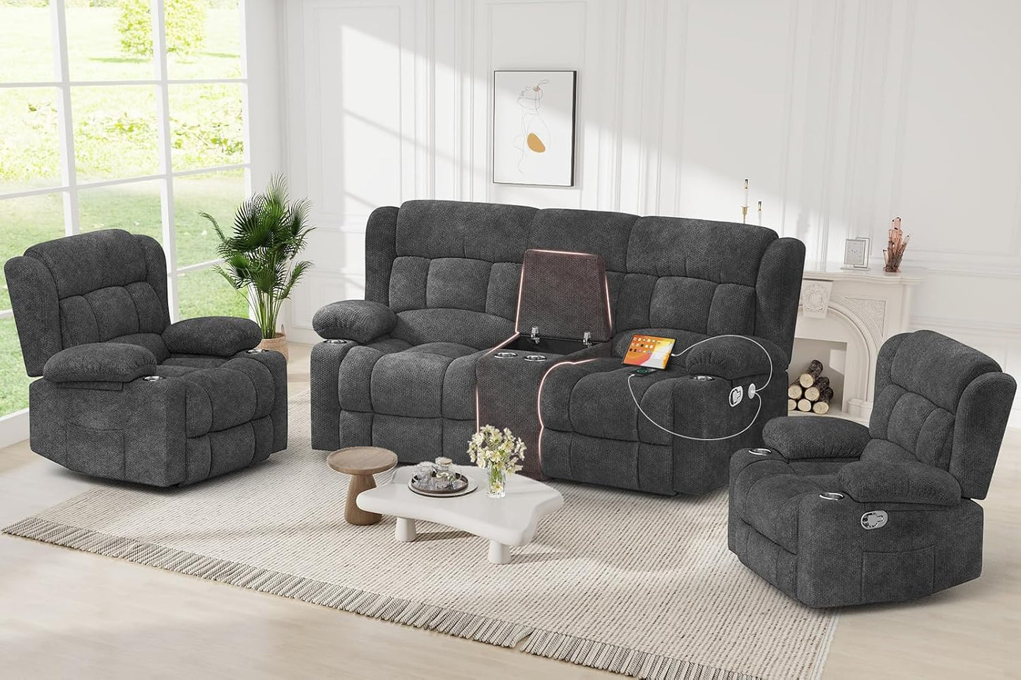 Recliner Sofa Set with 2+1+1 Pieces, Fabric Manual Pull Tab Reclining Loveseat with Storage Console, Single Recliner Chair for Living Room, RV, Grey