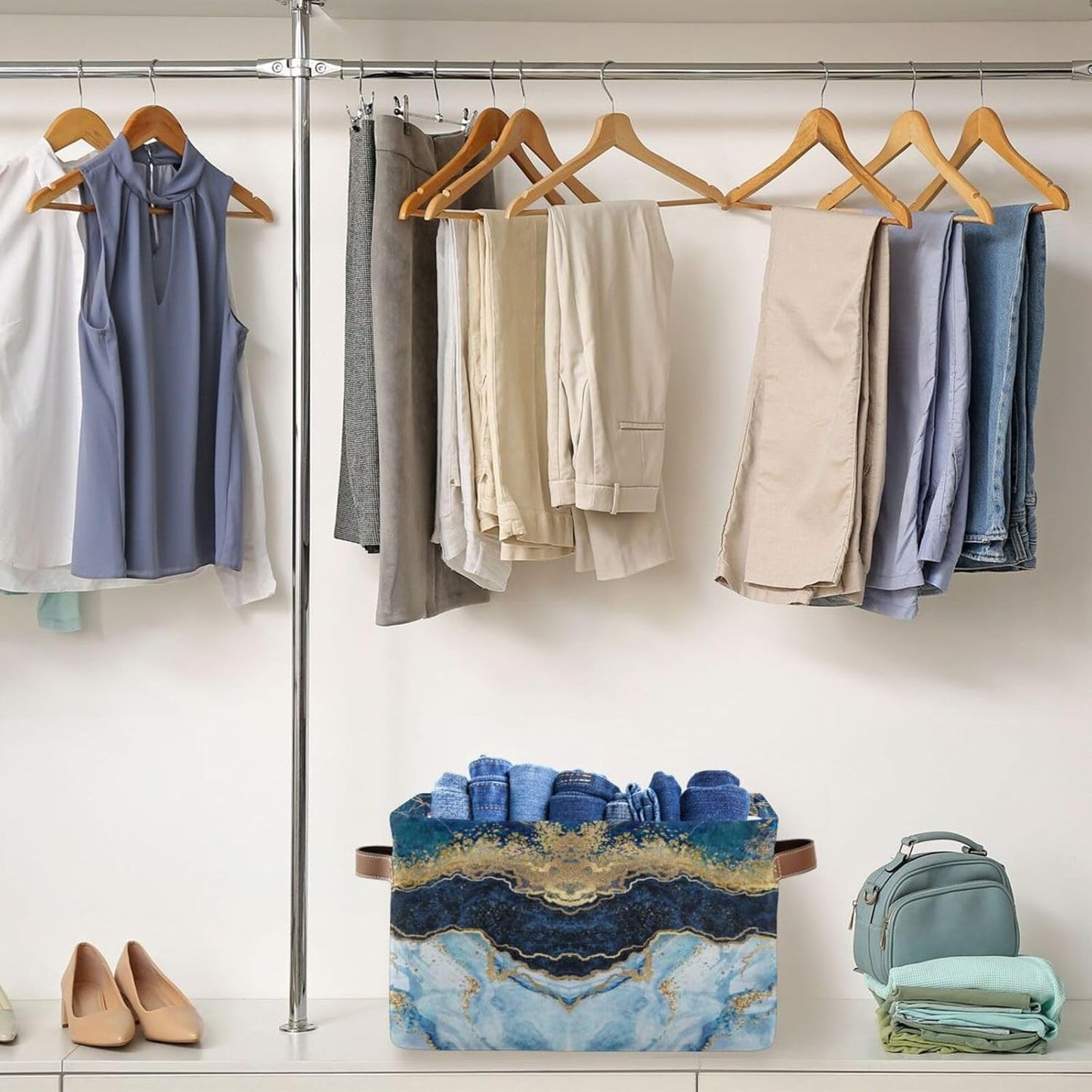 susiyo Storage Baskets for Shelves,Storage Bins for Organizing Shelf Nursery Toys, Decorative Linen Fabric Bins Cube with PU Handles 1 Pack，Blue Marble