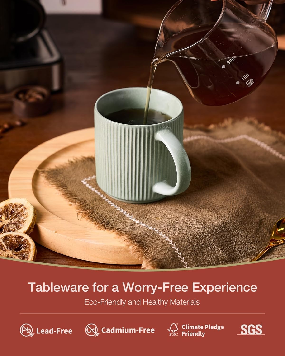 famiware Coffee Mug Set for 4, Star 12 oz Catering Mugs Cup Set with Handle for Coffee, Tea, Cocoa, Milk - Ceramic Stoneware Drinkware Set, Matte Green