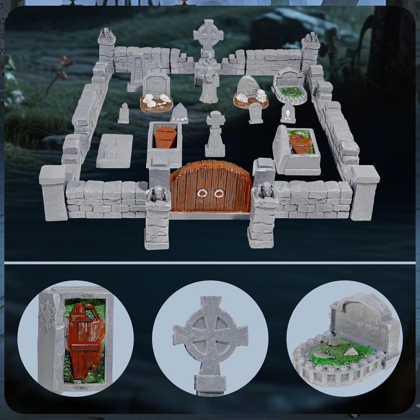 Warmtree 38 Pcs Graveyard Terrain Miniatures Set, Halloween Miniature Tombstones Figurine Mini Resin Tombstones for Diorama Supplies Miniature Graveyard Scene DIY Crafts Outdoor Decorations