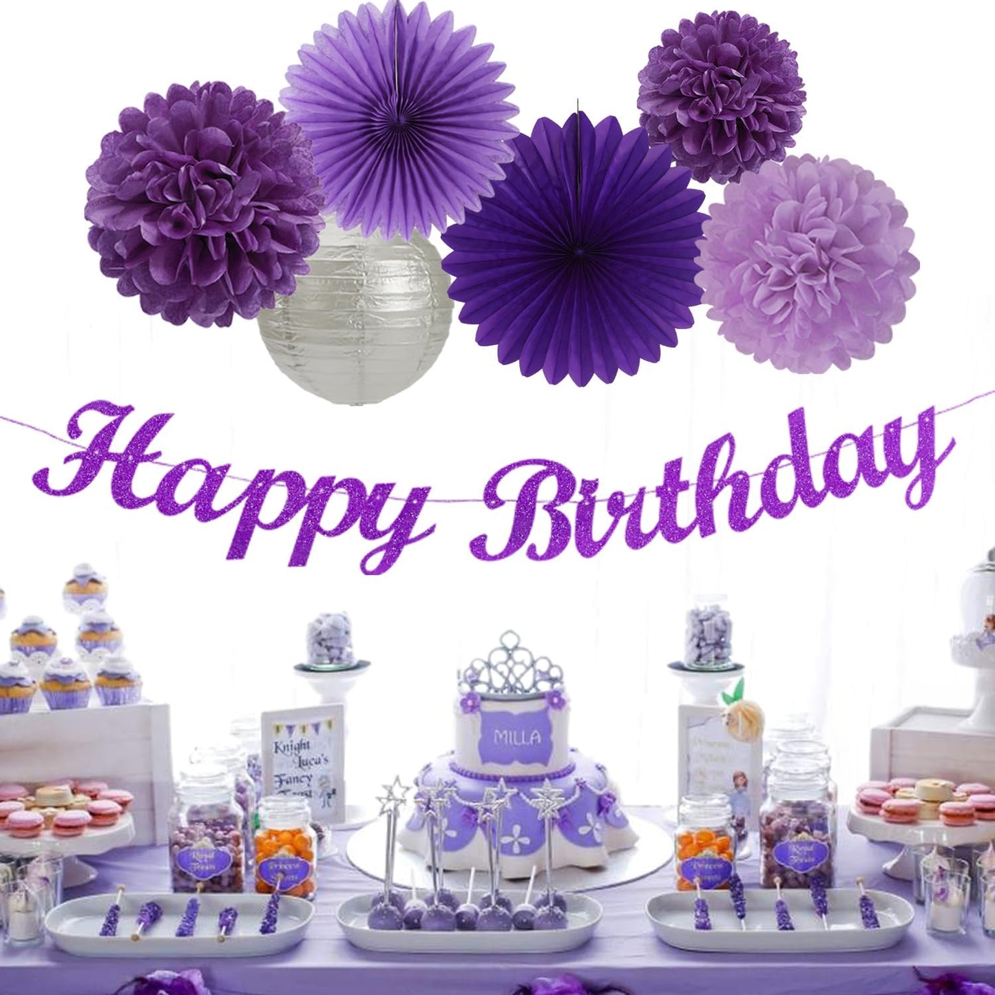 Purple Silver Birthday Party-Decorations Paper-Flowers - 14pcs Happy Banner Lavender Lanterns Tissue Pom Poms,Lilac Streamers Garland Fans,Women Girls Adult Kids Office Hanging Supplies Decor Hugfond