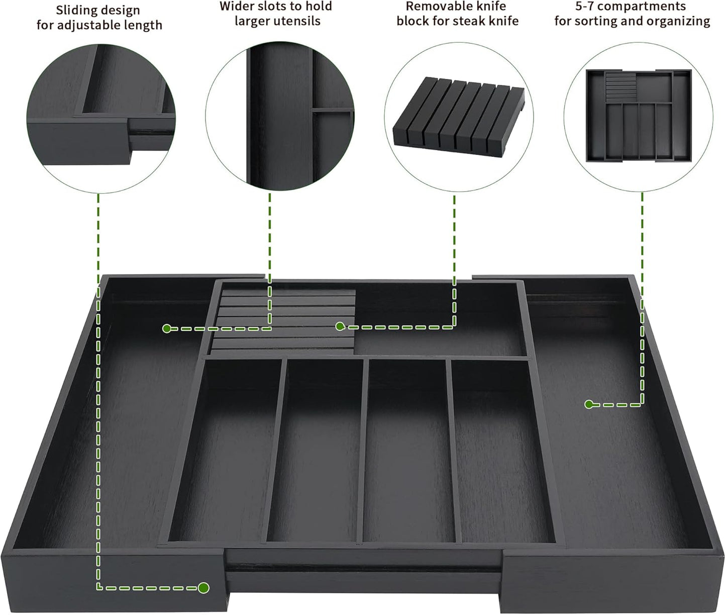 VaeFae Premium Bamboo Silverware Drawer Organizer Kitchen, Expandable Utensil Organizer with Knife Block, Cultery Tray with Divider for Flatware (Black)