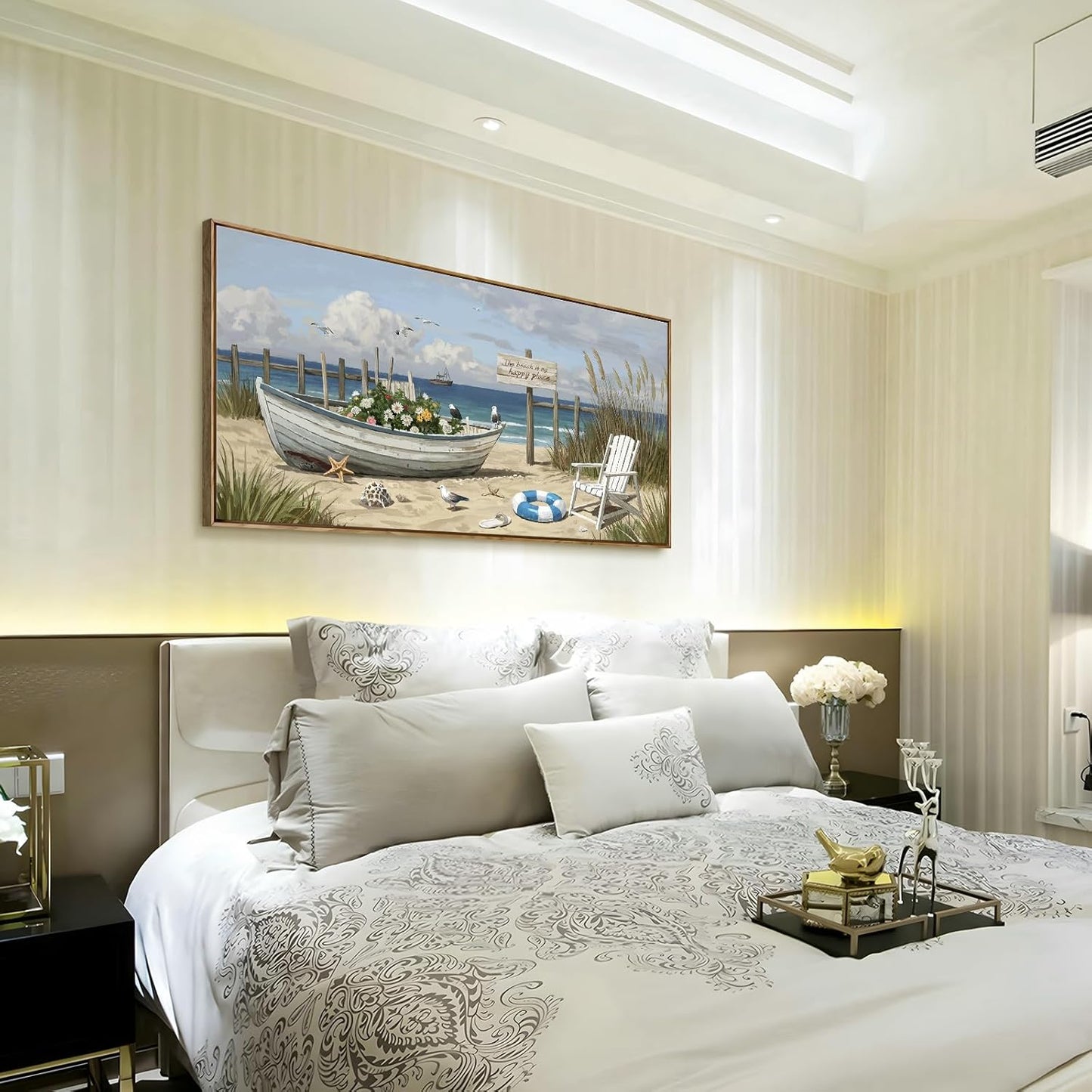 amatop Large Framed Wall Art for Living Room Nautical Beach Canvas Print Blue Flower Boat on Sandy Shore Ocean Seaside Landscape Coastal Artwork with Sea Birds Rustic Bedroom Office Home Decor 48×24 Inch