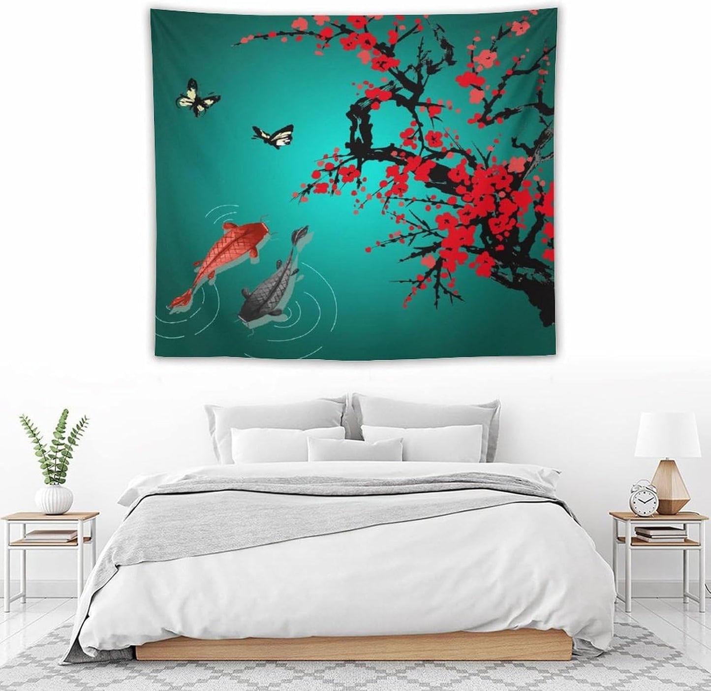 Houselerax Japanese Koi Fish Tapestry, Cherry Blossoms Asian Oriental Green Teal Floral Branch Koi Fish Carp Tapestries Wall Hanging for Bedroom Living Room Office Decor 60"x50"