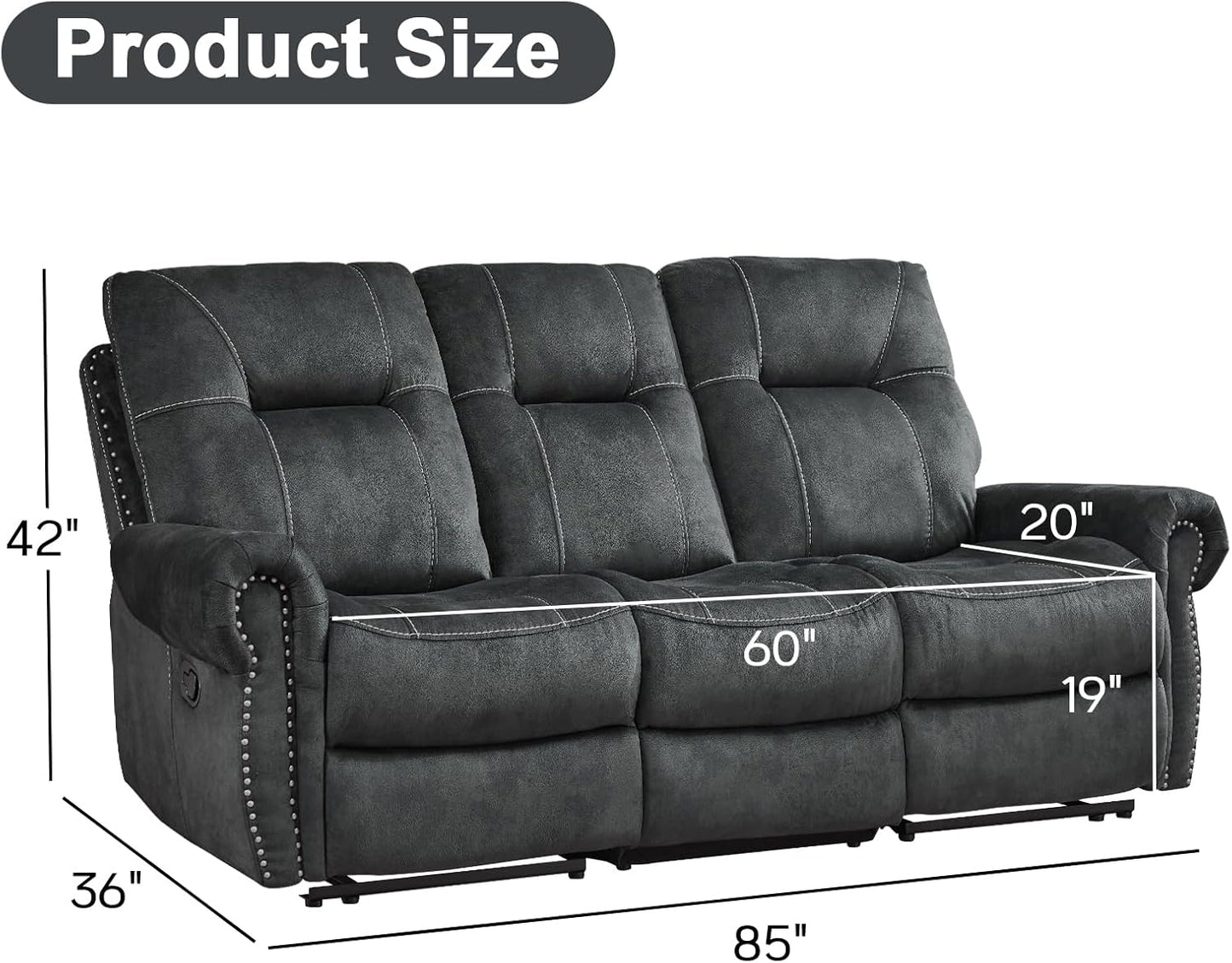 EBELLO Manual Recliner 3 Seat Sofa Couch, Soft Fabric 3 Seater Reclining Couch Chair, Vintage Rivet Mid-Century Design Furniture for Living Room, Meeting Room, Grey