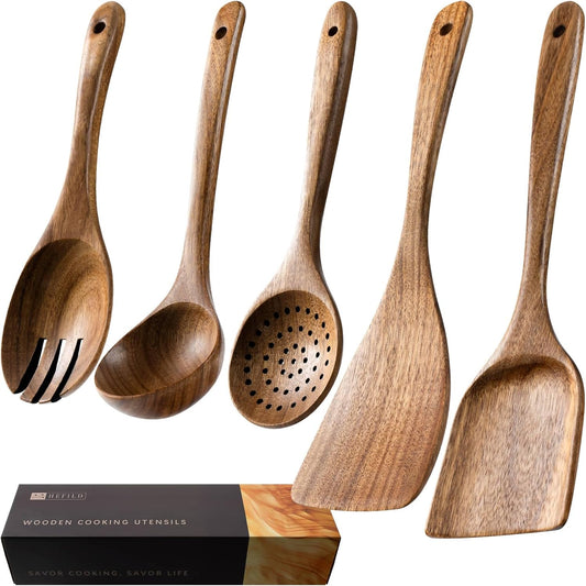 Wooden Spoons for Cooking, Nonstick Cooking Utensil Set with 5 Piece Acacia Wooden Spatulas and Spoons for Cooking, Terrific for Everyday Kitchen Tasks