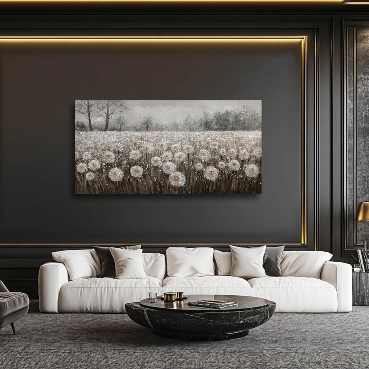 White Flowers Wall Art for Living Room Framed Wall Decor Dandelion Wall Art Artwork Canvas Paintings for Home Office 29"x58”