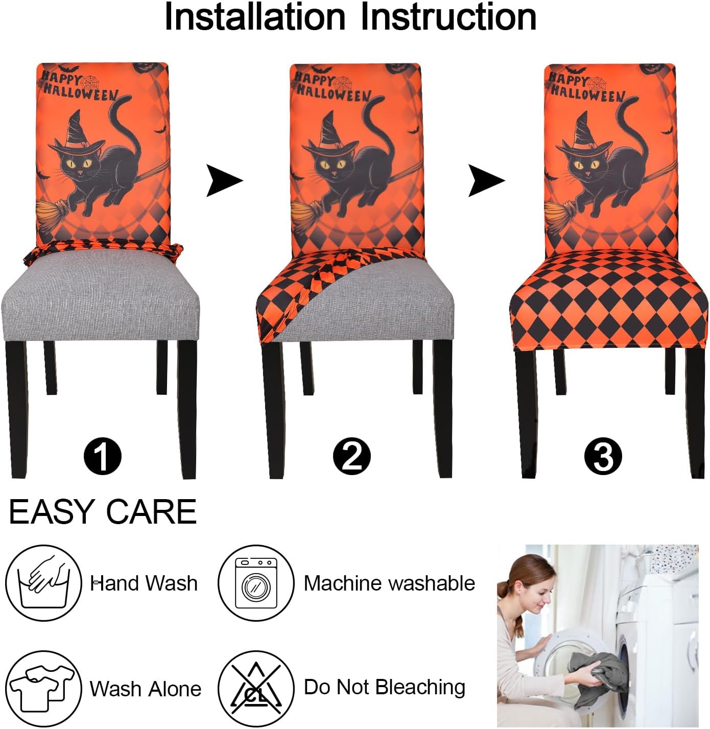 JQinHome Orange Halloween Chair Slipcover,Cat Chair Covers Set of 4, High Stretch Washable Chair Protector Cover for Dining Room, Kitchen,Home Party,Wedding Ceremony(Cat Orange,4PC)