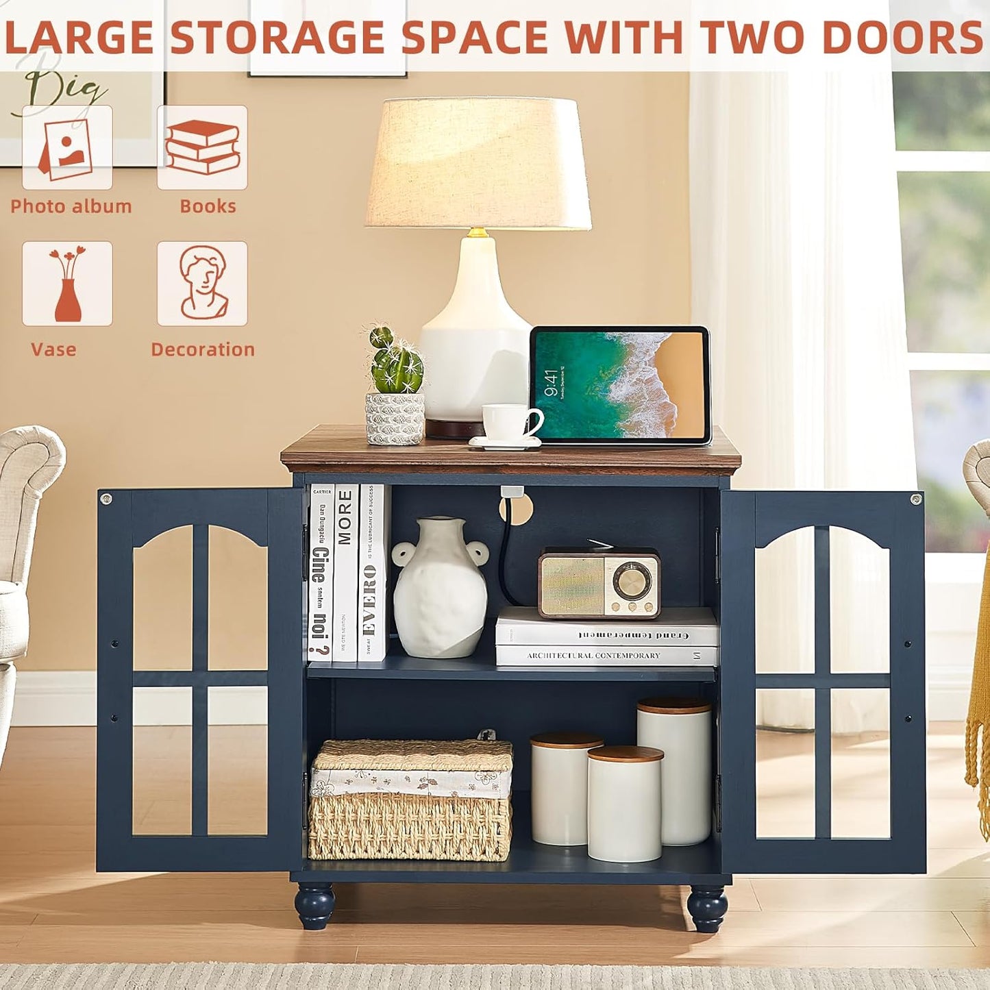 Farmhouse 24" End Table Set of 2 with Charging Station, Large Sofa Side Table with Glass Barn Door,Wood Night Stand with Adjustable Storage Shelf,Square Bedside Table for Living Room,Bedroom