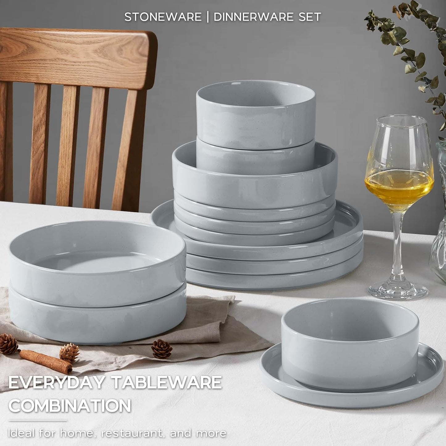 Onader Dinnerware sets, 24 Piece Plates and Bowls, Stoneware Kitchen Dinner Dish Set for 6, Ceramic Speckled Dinnerware with Pasta Bowl - Slate Gray