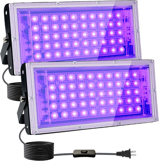 2 Pack 50W Black Lights, Blacklight Flood Light with Plug and Switch,for Glow Party, Halloween, Fluorescent Poster, Body Paint