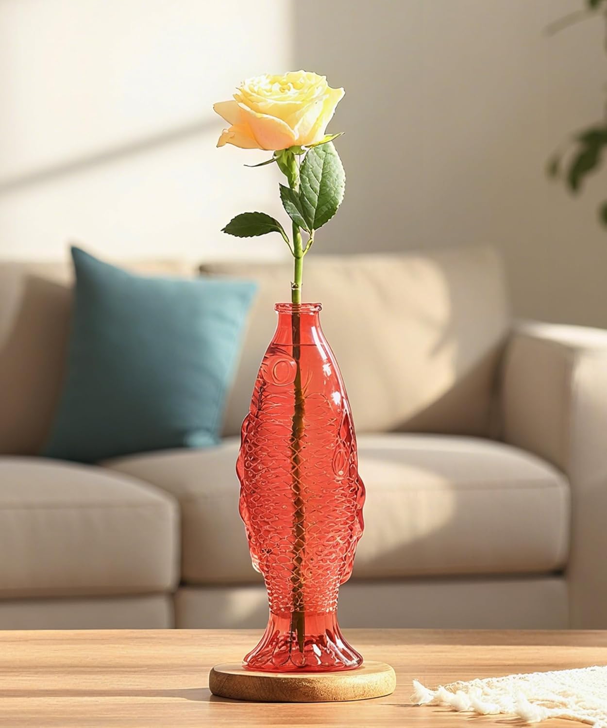 Nacome Fish Vase Glass Plant Terrarium with Wooden Stand,Planter Propagation Station for Home Office Hydroponics Desk Decoration,Unique Gardening Gifts for Plant Lovers Women Mom(Red)