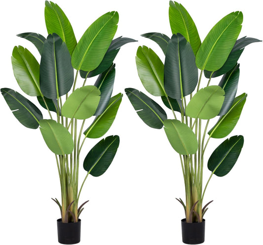 Artificial Bird of Paradise Plant 6Ft Fake Tropical Palm Tree with 13Trunks Faux Banana Leaf Trees in Pot for Home Indoor Outdoor Office Modern Decor Housewarming Gift（2Pcs）