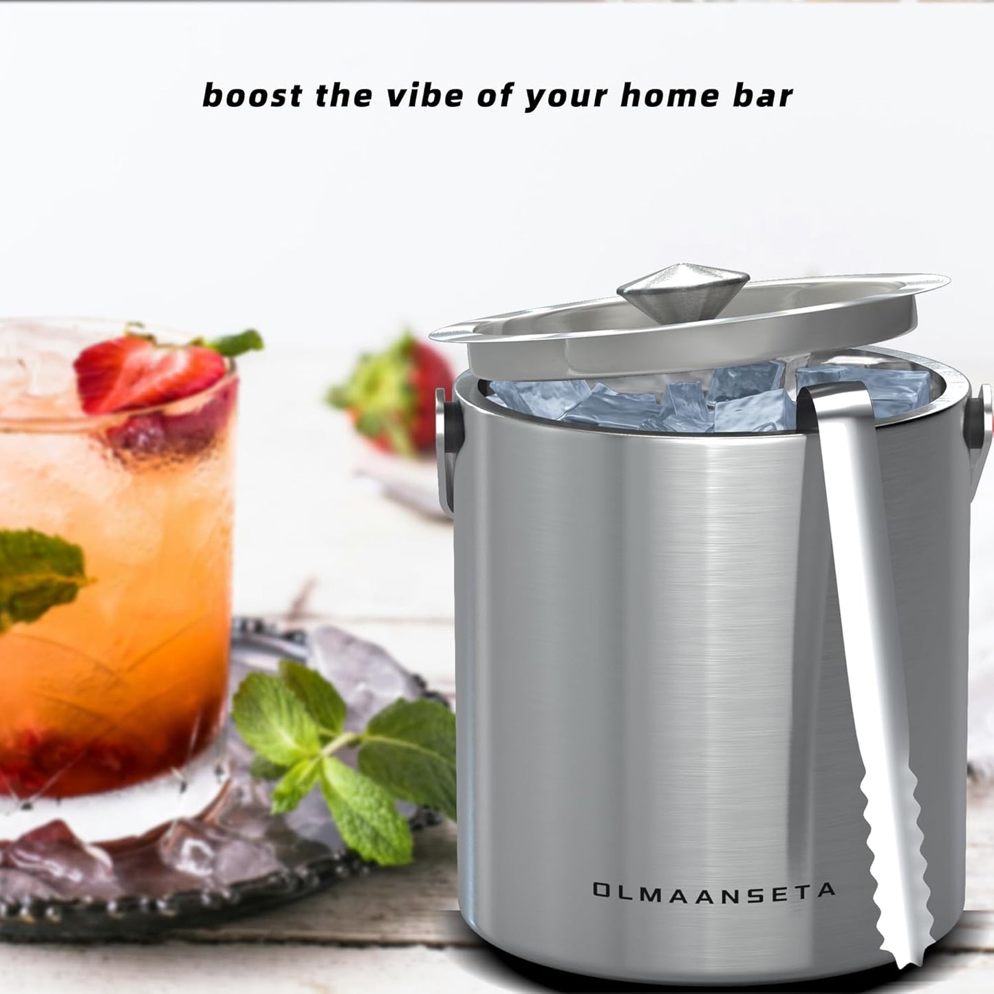 Small Ice Bucket with Lid and Tongs,1.3L Portable Mini Double Walled Ice Cube Bucket for Cocktail Bar Stainless Steel Cute Insulated Ice Buckets for Parties