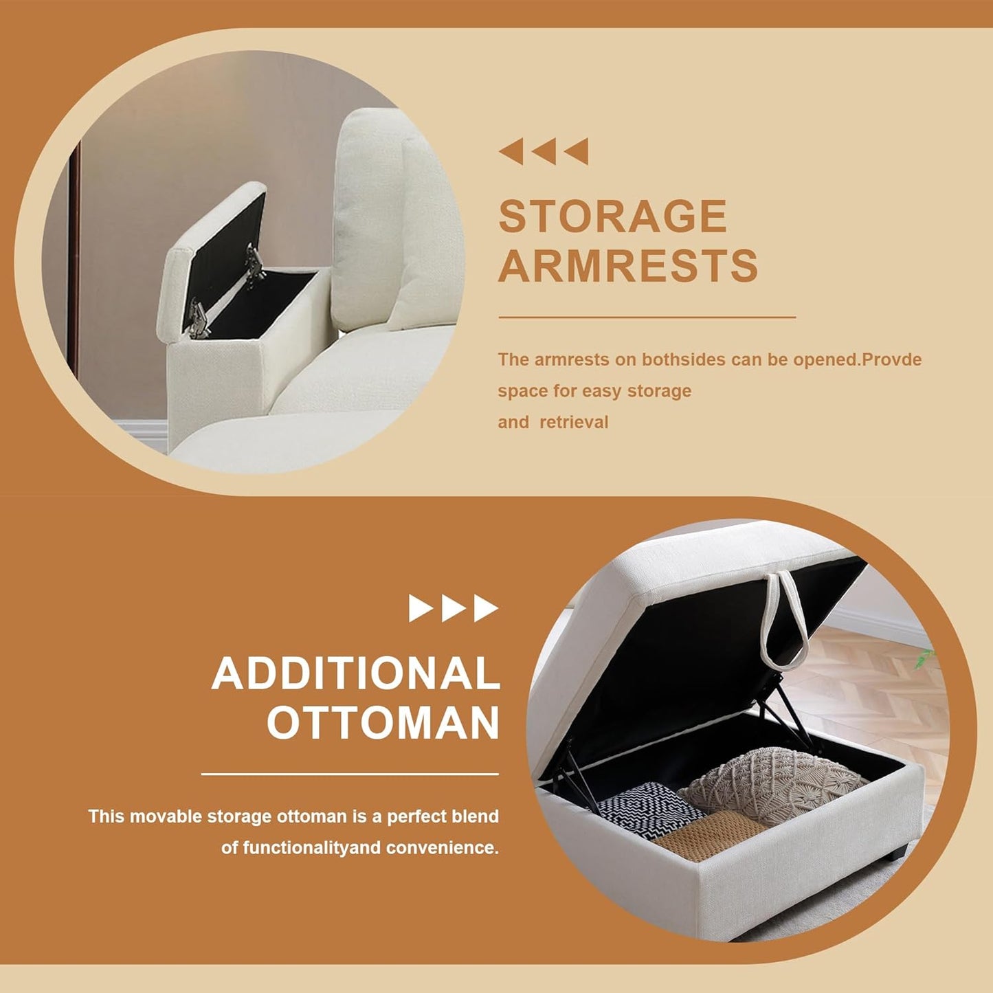 120.3" Modern L-Shaped Sectional Sofa with 360°Swivel Drop-Down Table, Storage Armrest, USB Ports & Movable Storage Ottoman – Plush Linen Cloud Couch for Lounge (Beige)