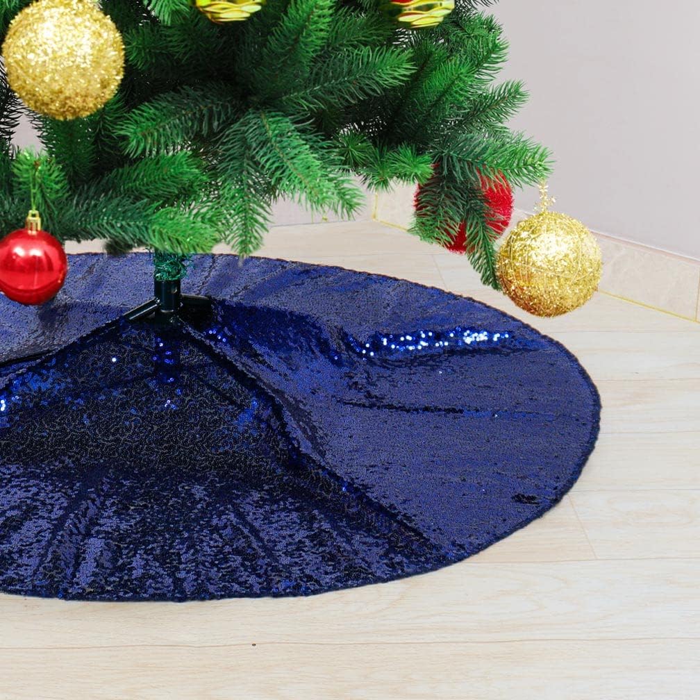 Partisout 24-inch Navy Blue Sequin Tree Skirt Christmas Skirt Tree Navy Blue 24in Xmas Tree Skirt Rustic Tree Skirt Sparkle Christmas Tree Skirt for Party Wedding Plam Decorations-191024