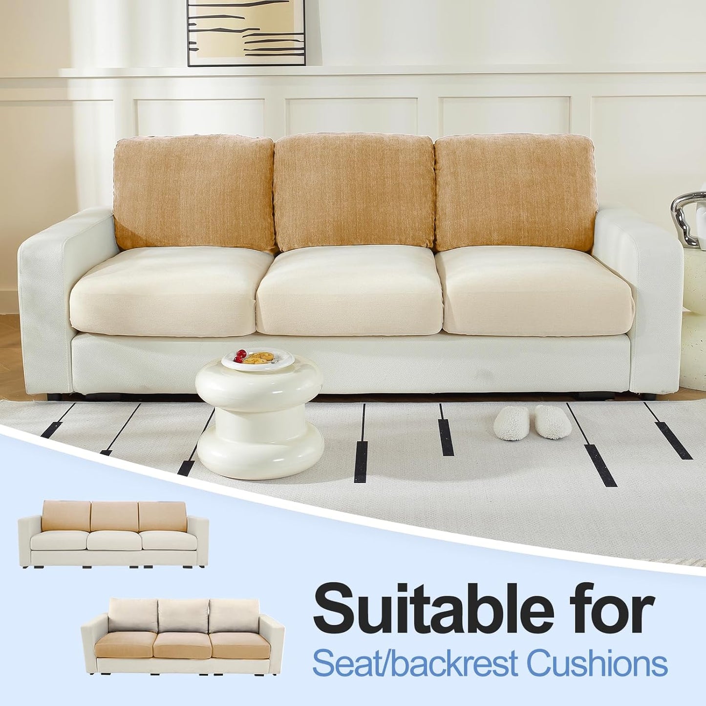 Large Backrest Cushion Covers Super Stretch Backrest Covers for 3 Cushion Couch Sofa, Couch Back Cushion Covers Featuring with Chenille Yarn (Softer Version, 3PC, Khaki)