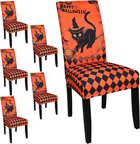 JQinHome Orange Halloween Chair Slipcover,Cat Chair Covers Set of 6, High Stretch Washable Chair Protector Cover for Dining Room, Kitchen,Home Party,Wedding Ceremony(Cat Orange,6PC)