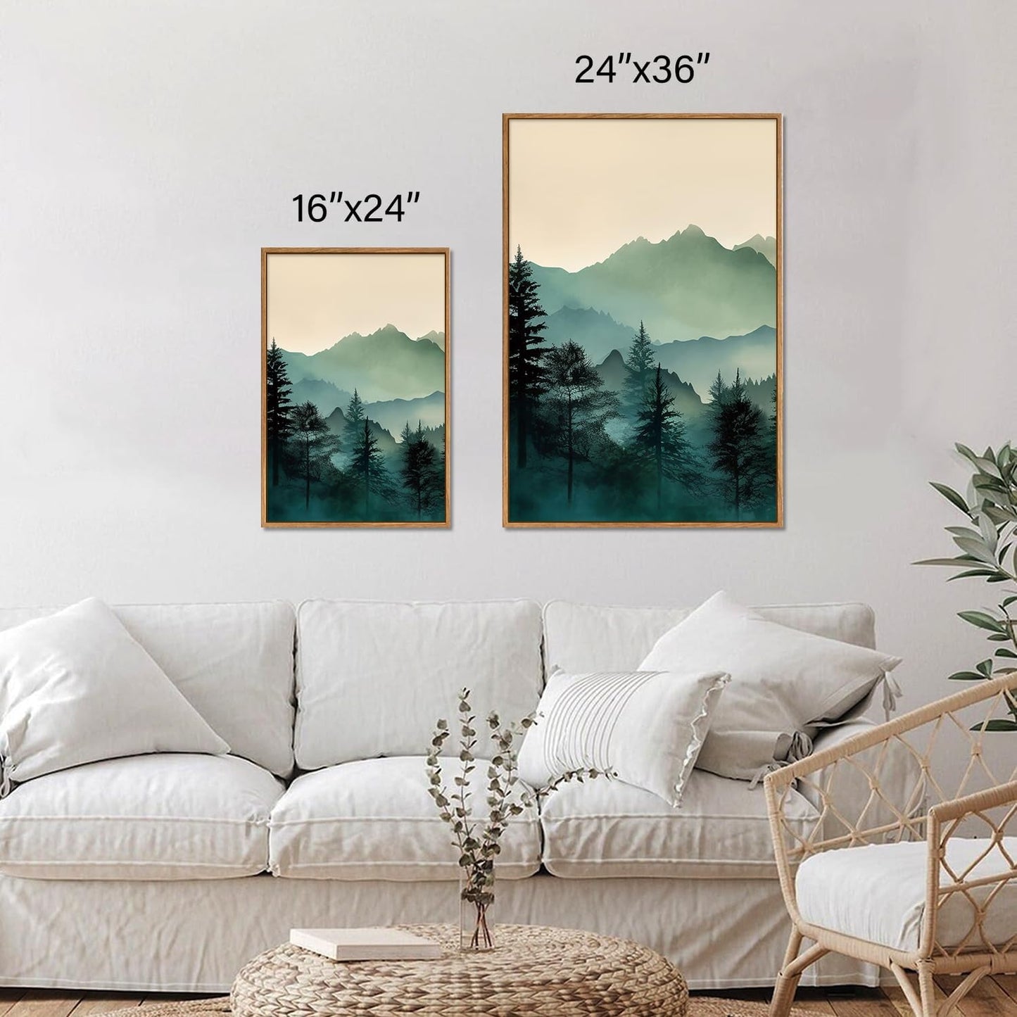 SIGNINART Large Mountain Framed Canvas Wall Art Set, Abstract Misty Forest Wall Decor, Foggy Nature Pine Tree Wall Painting, Modern Boho Sunrise Art Prints for Bedroom Living Room and Office 24"x36"x3