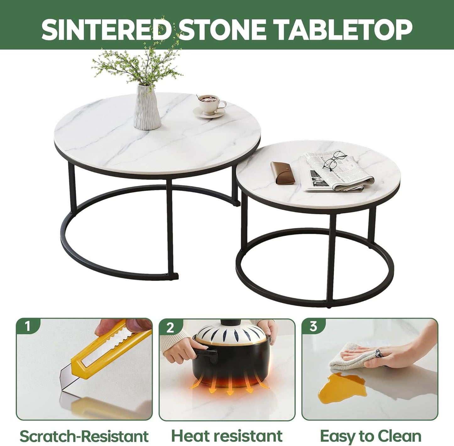 Modern White Coffee Table Set of 2 - Sintered Stone Top & Sturdy Metal Base, fo Living Room Bedroom Apartment