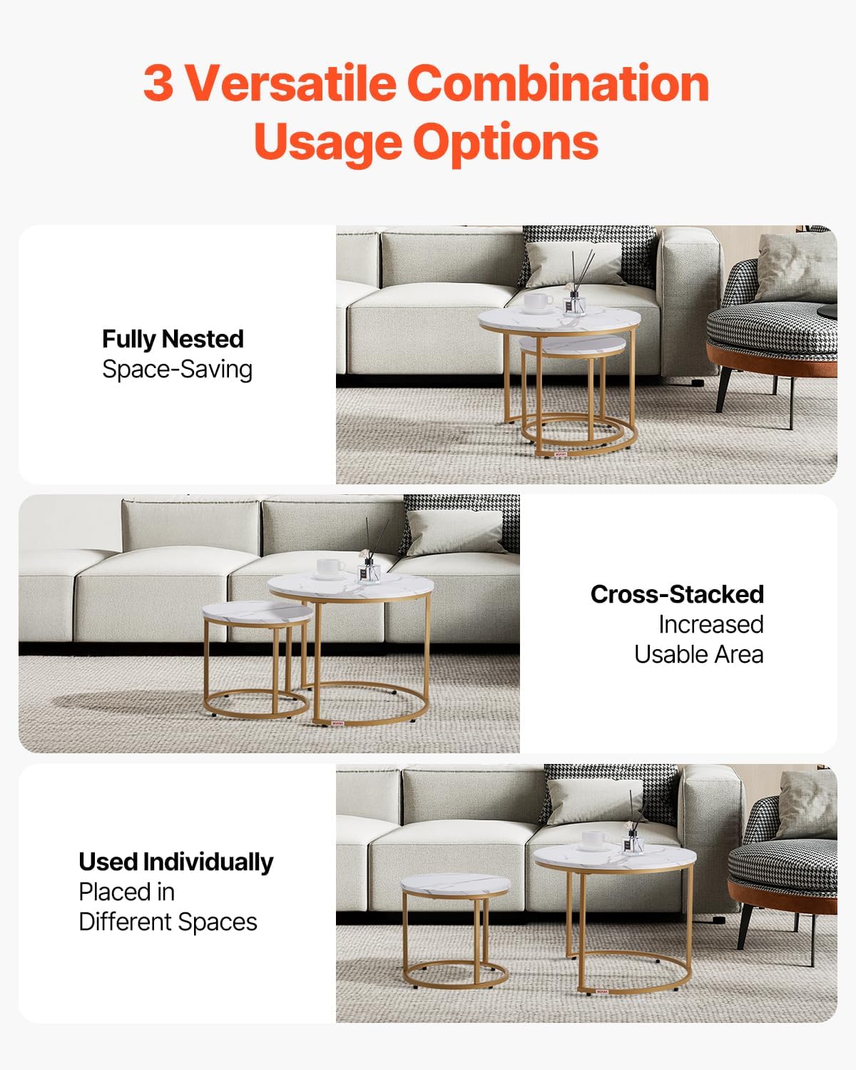 VEVOR Nesting Tables, Coffee Table Set of 2, 23.6 inch Round Coffee Table, Small Coffee Tables Night Stand with Metal Frame, for Living Room, Bedroom, Office (White & Gold)