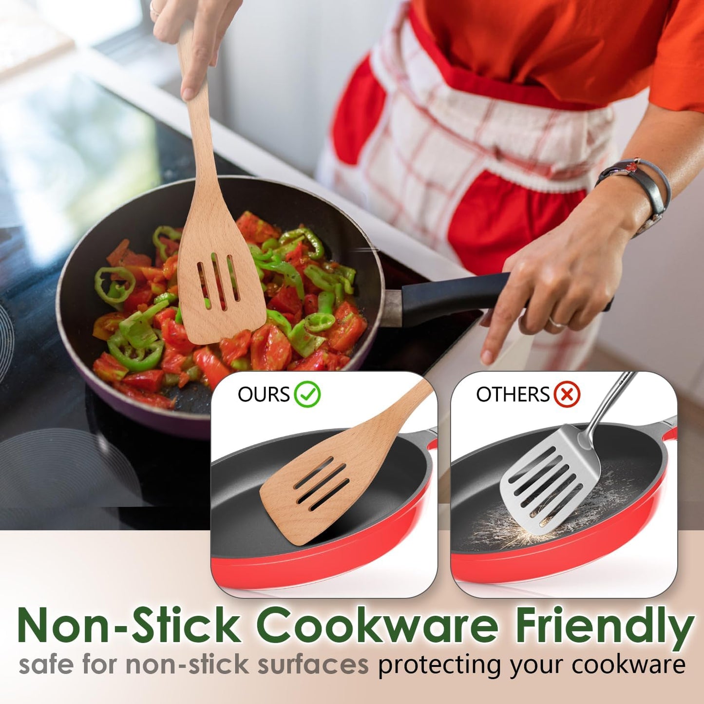 Wooden Spoons for Cooking, 8 Pcs Beech Wood Wooden Kitchen Cooking Spoon Utensil Tools Set Includes Spatula Skimmer Pasta Scoop Non-Stick Cookware Safe by HOWHONG