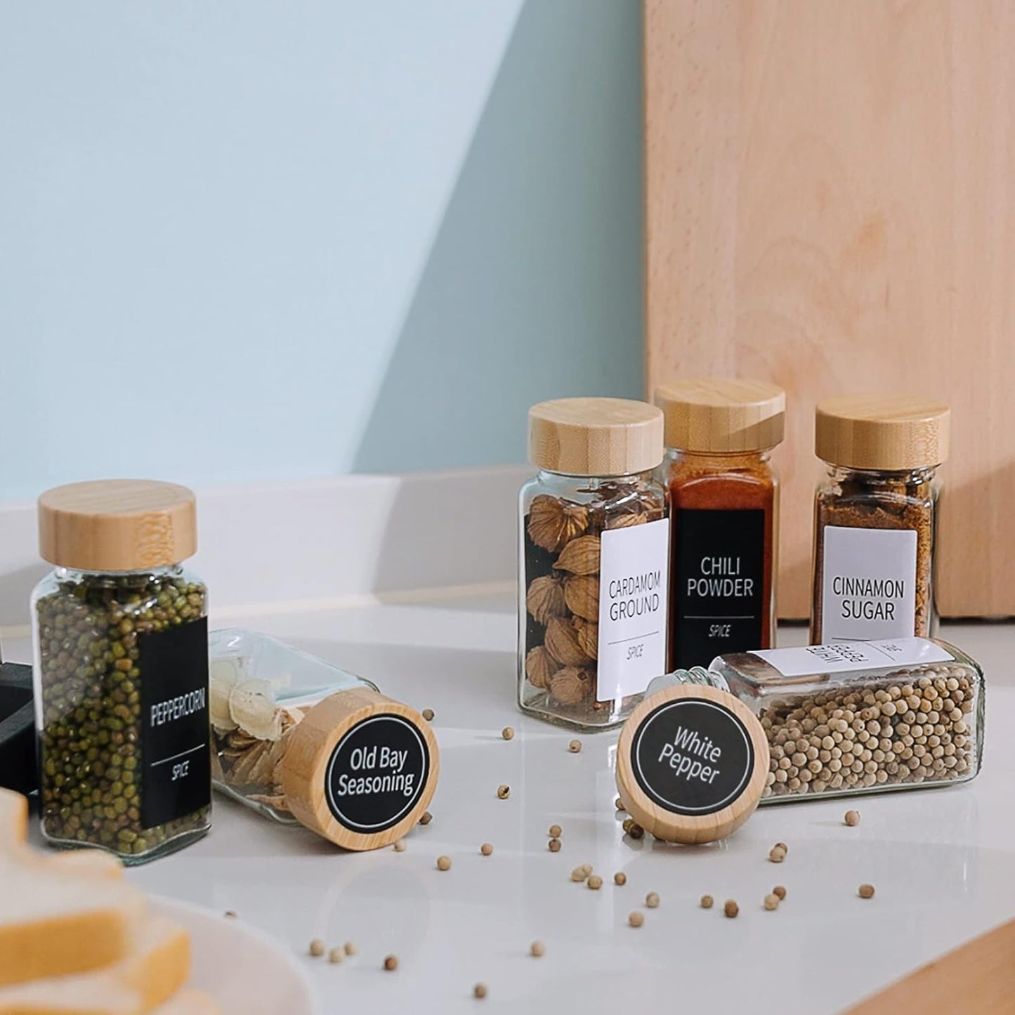 Churboro 36 Spice Jars with Labels- Spice Jars with Bamboo Lids - 4 Oz Glass Spice Containers with Shaker Lids, 547 Spice Labels of 3 Different Types Seasoning Jars for Spice Rack, Cabinet, or Drawer