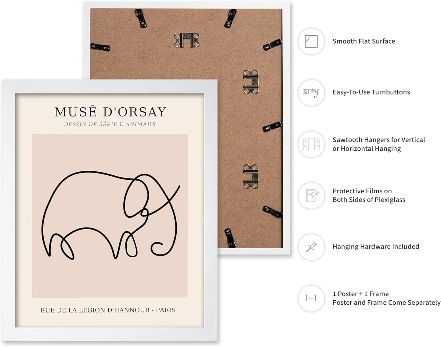 Poster Master Vintage Poster - Retro One Line Elephant Drawing Print - Elephant Art - Minimal Gift for Men, Women, Animal Lover - Abstract Wall Decor for Home, Office, 16x20 White Framed