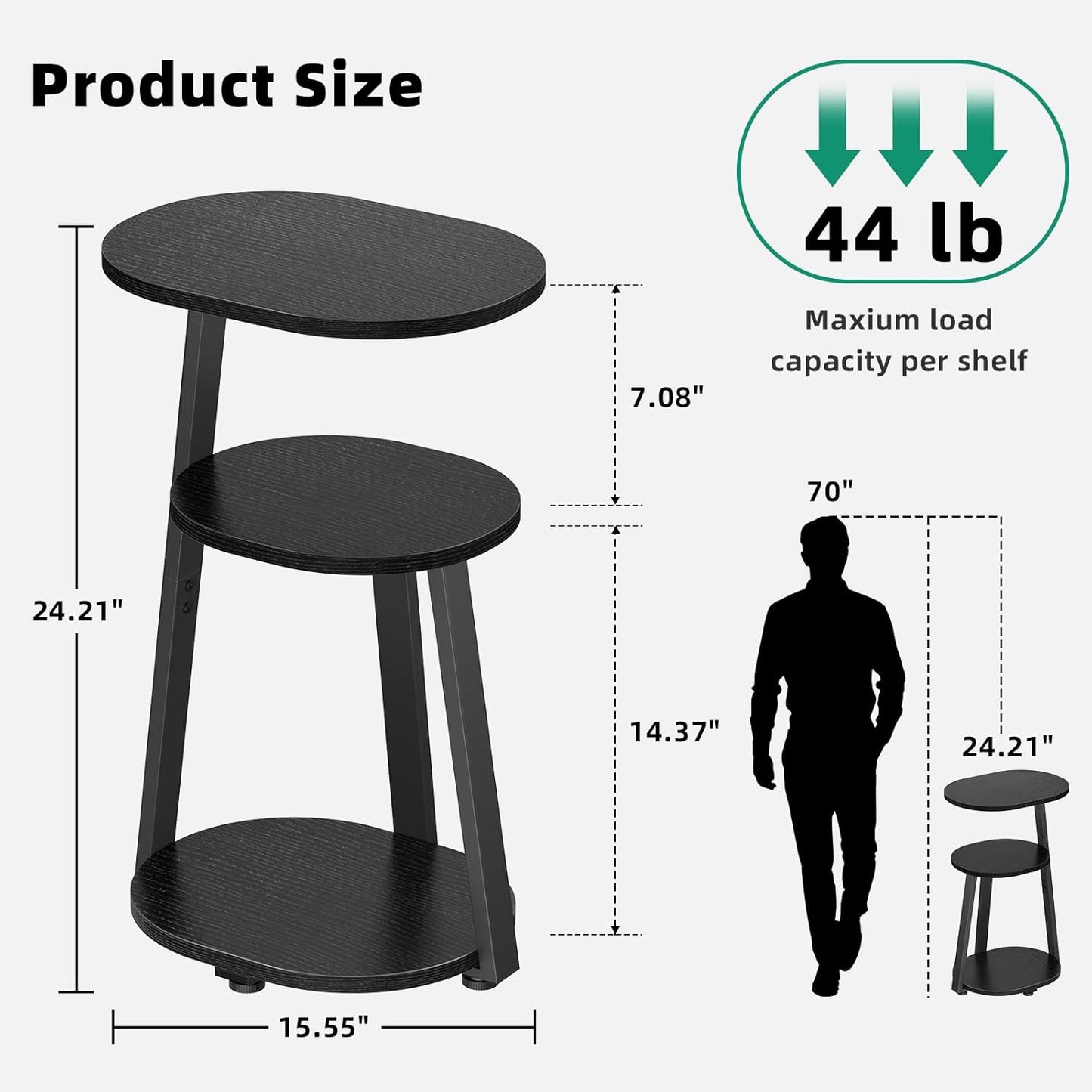 Side Table, Small End Table with Metal Frame, 3-Tier Bedside Tables, Round Side Tables for Living Room Bedroom Couch Bathroom, Oval, Pure Black