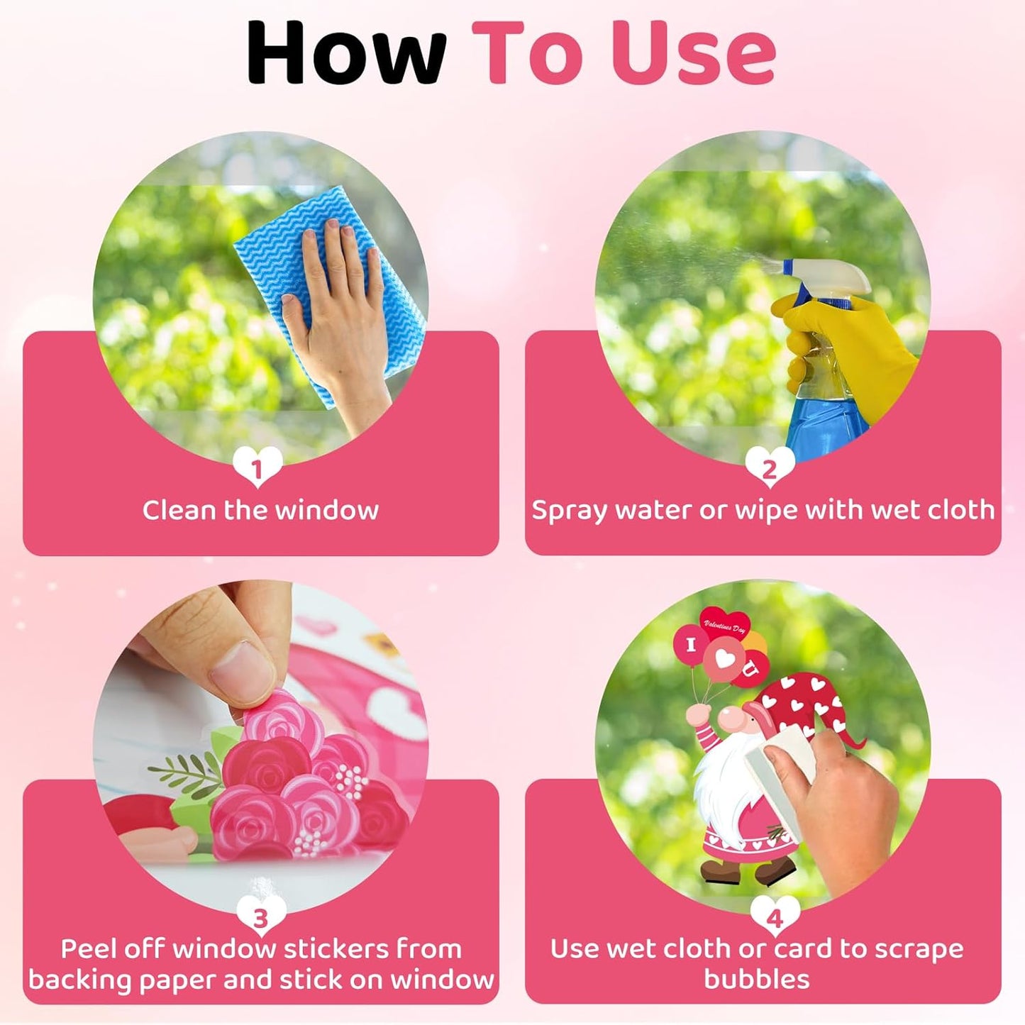 DC-BEAUTIFUL 107 PCS Valentines Window Clings, 9 Sheets Double-Sided Pink Love Heart Gnome Valentine Decoration Window Stickers, Reusable Static Holiday Window Decals for Home Wedding Party Decors