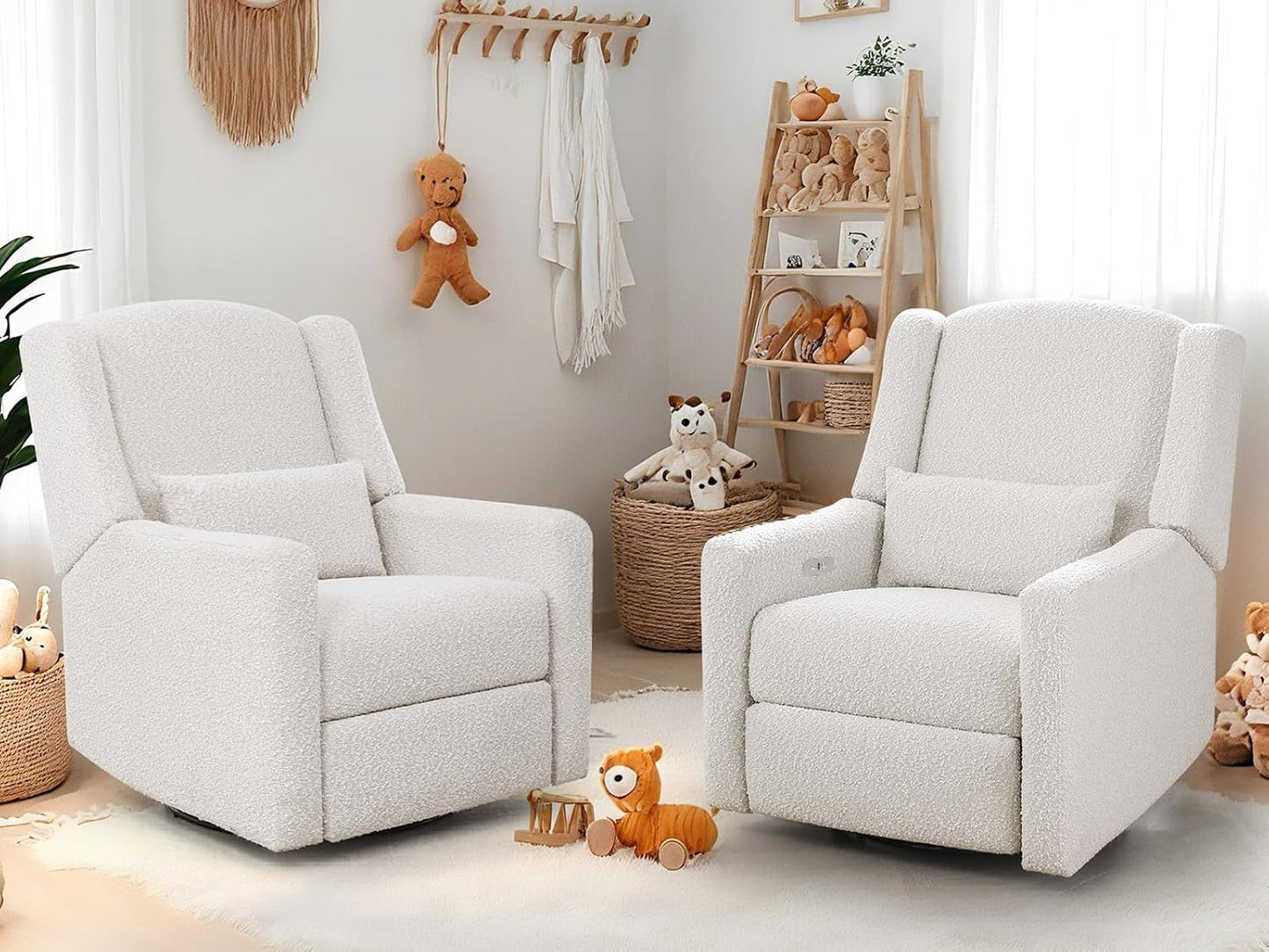 Power Recliner Chair Swivel Glider, Large Rocker Recliner w/USB Charging Port, Boucle Upholstered Swivel Rocker Glider Recliner for Nursery,Bedroom,Living Room,Set of 2,Cream