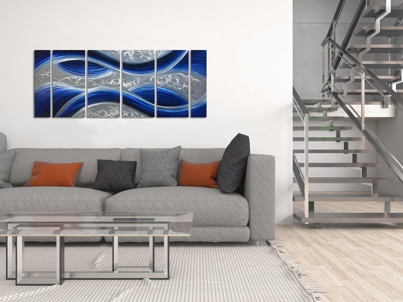 Handcrafted Abstract Metal Wall Art with Soft Color, Large Scale Decor in Huge Blue Line Design, 3D Artwork for Indoor Outdoor Wall Decorations, 6-Panels Metal Art Measure 24"x 65"