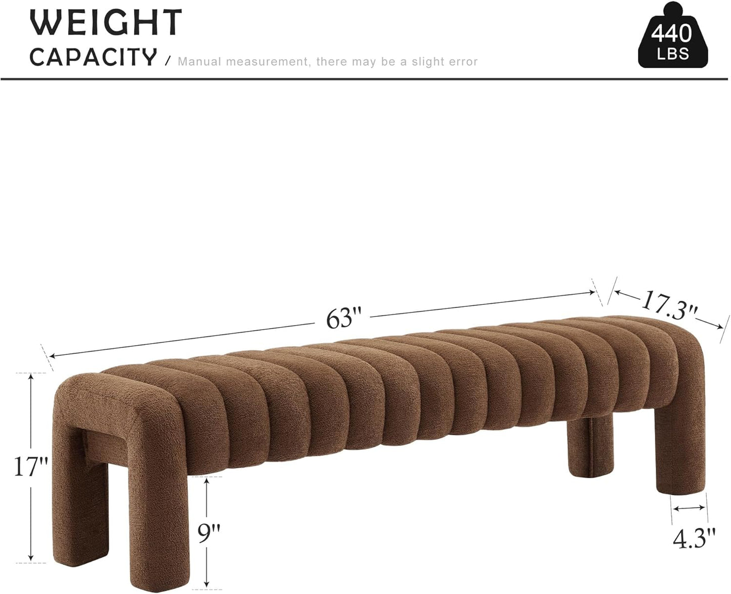 63" Bedroom Bench, Upholstered Entryway Bench, Modern End of Bed Ottoman with Solid Wood Legs and Adjustable Foot Pegs for Entryway, Dining Room and Living Room (Brown Boucle)