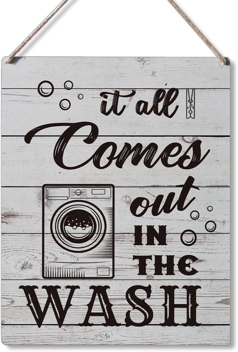 Qious Laundry Sign Gift Farmhouse It All Comes Out in the Wash Wooden Hanging Sign Plaque Rustic Wall Art Decor for Home Laundry Decoration 10 x 8 Inches