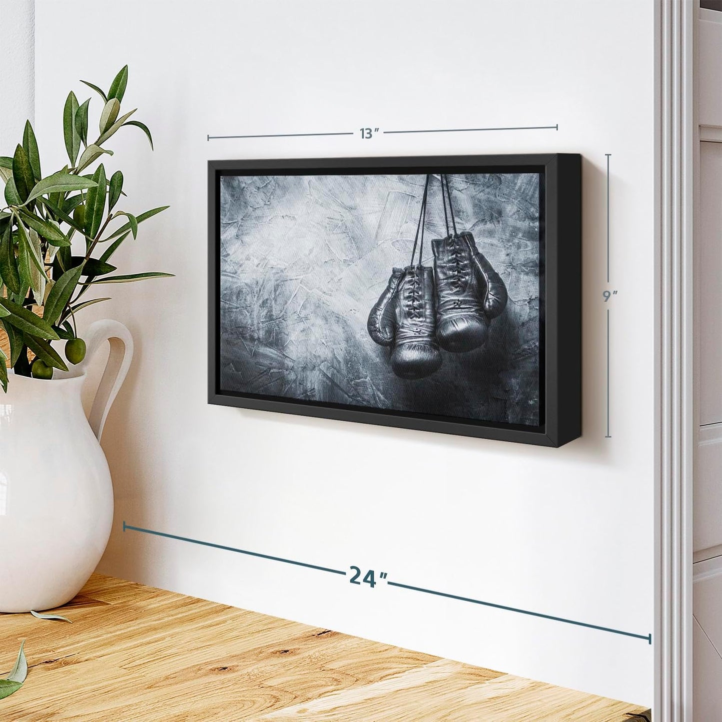 ElephantStock Boxing Gloves Wall Art - Horizontal Framed Canvas - 1-Piece Living Room Wall Decor - Photography Sports Canvas Print - Black and Gray Decor for Wall - 13" X 9"