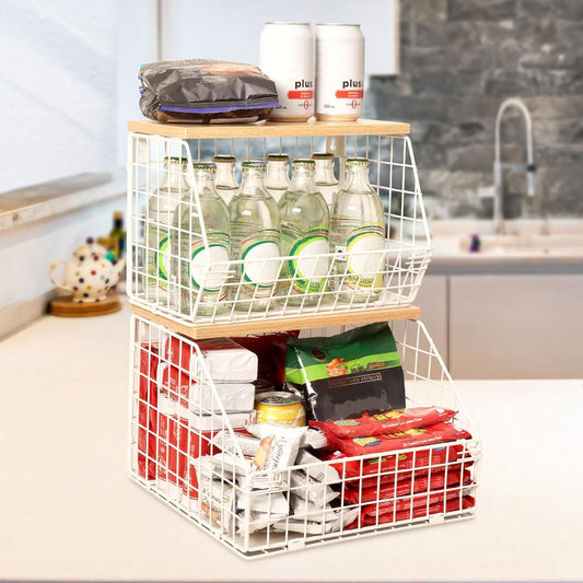 White Fruit Bowl, 2-Tier Fruit Basket for Kitchen Counter, Stackable Wall Mounted Veggie Storage, Snack Organizer, Potato and Onion Storage Basket, Hanging Pantry Organizer with Wood Lid, 2 Set