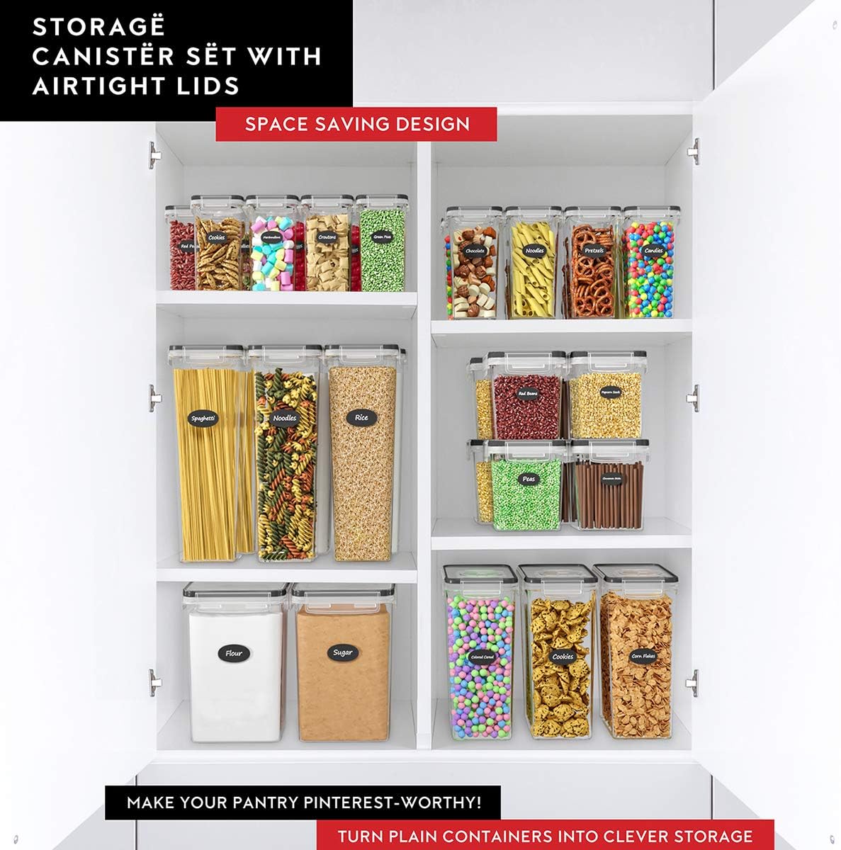 DWËLLZA KITCHEN Cereal Containers Storage 4 Pack 135 fl. oz Cereal Dispenser Airtight Food Storage Containers BPA-Free Pantry Organization and Storage, Canister for Flour & Sugar 1 Marker 8 Labels