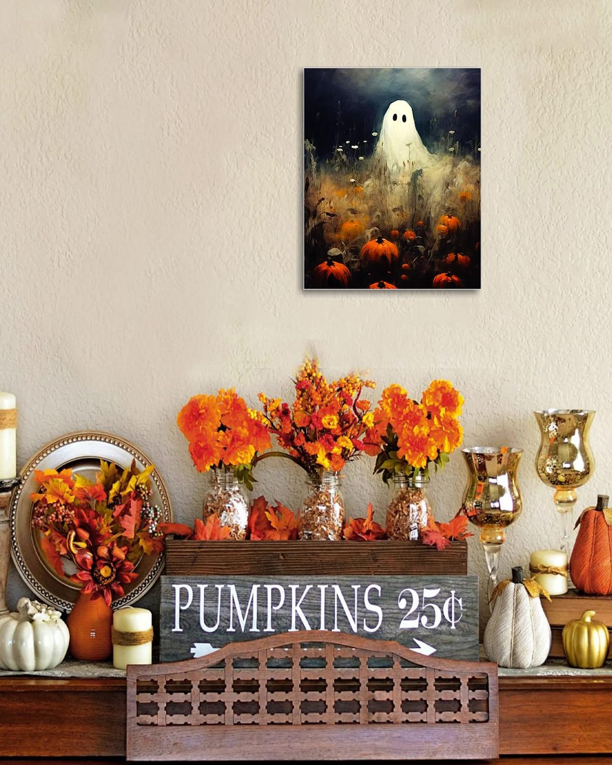 Halloween Canvas Wall Art, Spooky Ghost in Pumpkin Patch Poster, Vintage Gothic Fall Decor, Dark Academia Fall Decor for Living Room, Framed Indoor Halloween Decorations