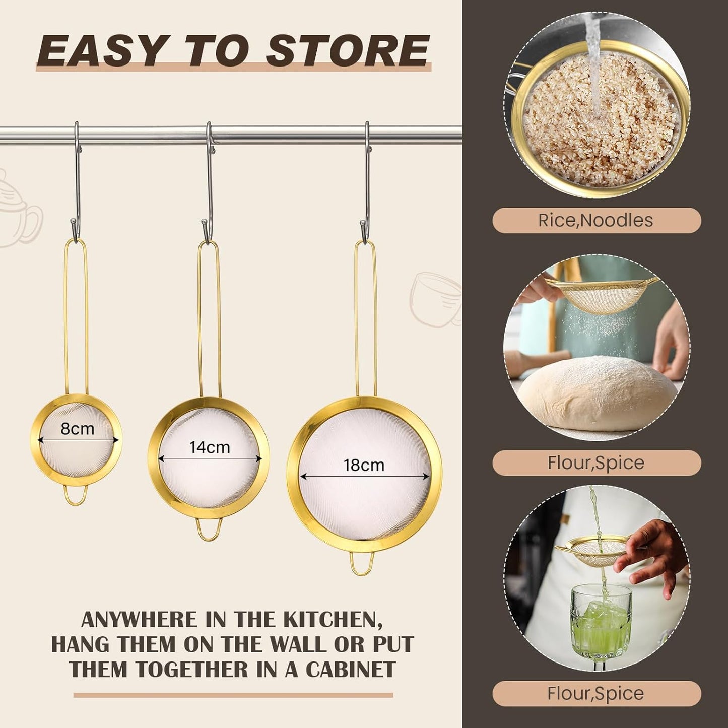 Norme 7 Quart Stainless Steel Gold Colander and 3 Pcs Gold Fine Mesh Strainer, Stainless Steel Pasta Rice Food Metal Strainer with Handles, Easy Clean and Dishwasher Safe