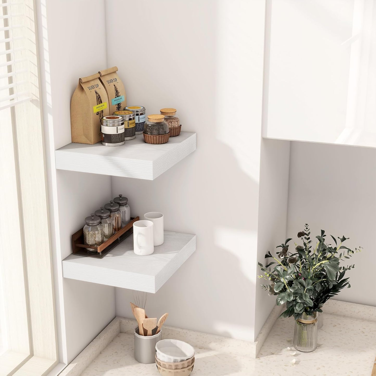 Fun Memories 12 Inch Floating Shelf, Rustic Wood Wall Shelves for Wall Decor & Storage, 12 x 12 Floating Shelf for Living Room, Bathroom, Bedroom, White, Set of 2