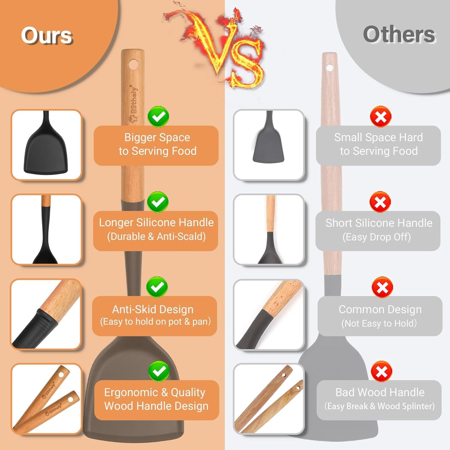 Silicone Cooking Utensils Set, 6 Pack Large Kitchen Utensils Set with Wooden Handle, Heat Resistant Silicone Utensil Spatula Set for Nonstick Cookware, Spatula, Turner, Spoon, Ladle BPA Free (Black)