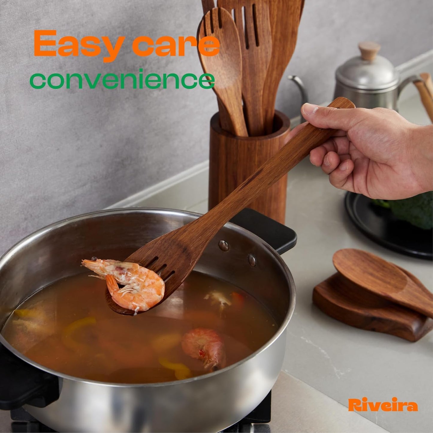 Riveira Teak Wooden Spoons for Cooking Set of 3 – Natural Teak Wooden Cooking Utensils, Wooden Spatula, Wooden Spoon - Premium Quality Wooden Utensil Set for Non-Toxic Cooking