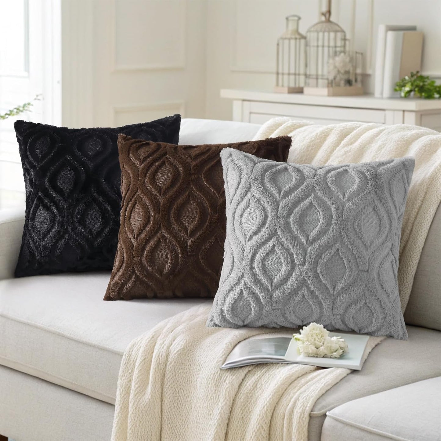 decorUhome Fall Throw Pillow Covers 18x18 Inch Set of 2, Soft Plush Decorative Faux Fur Black Solid Couch Pillow Covers, Accent Farmhouse Neutral Square Euro Pillow Cases for Sofa Bed Living Room