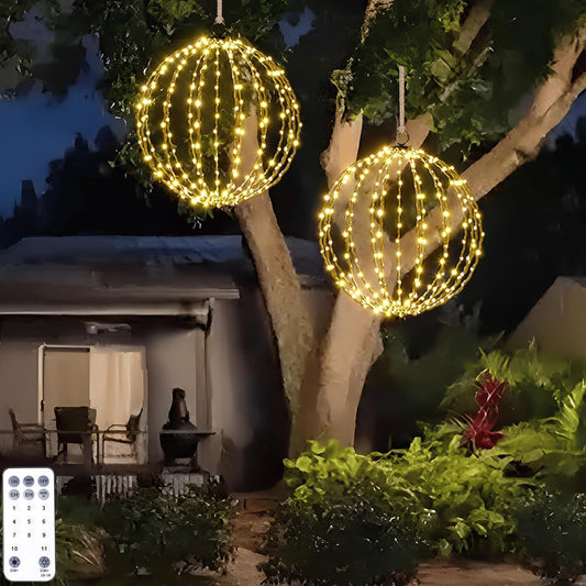 Outdoor Hanging Lighted Sphere, Christmas Decoration Light Balls, 2 in 1 Warm White and Multicolor Chandelier, 208 LED 16" Large Iron Frame Foldable Globe for Patio Tree Gazebo Decor-2Pack