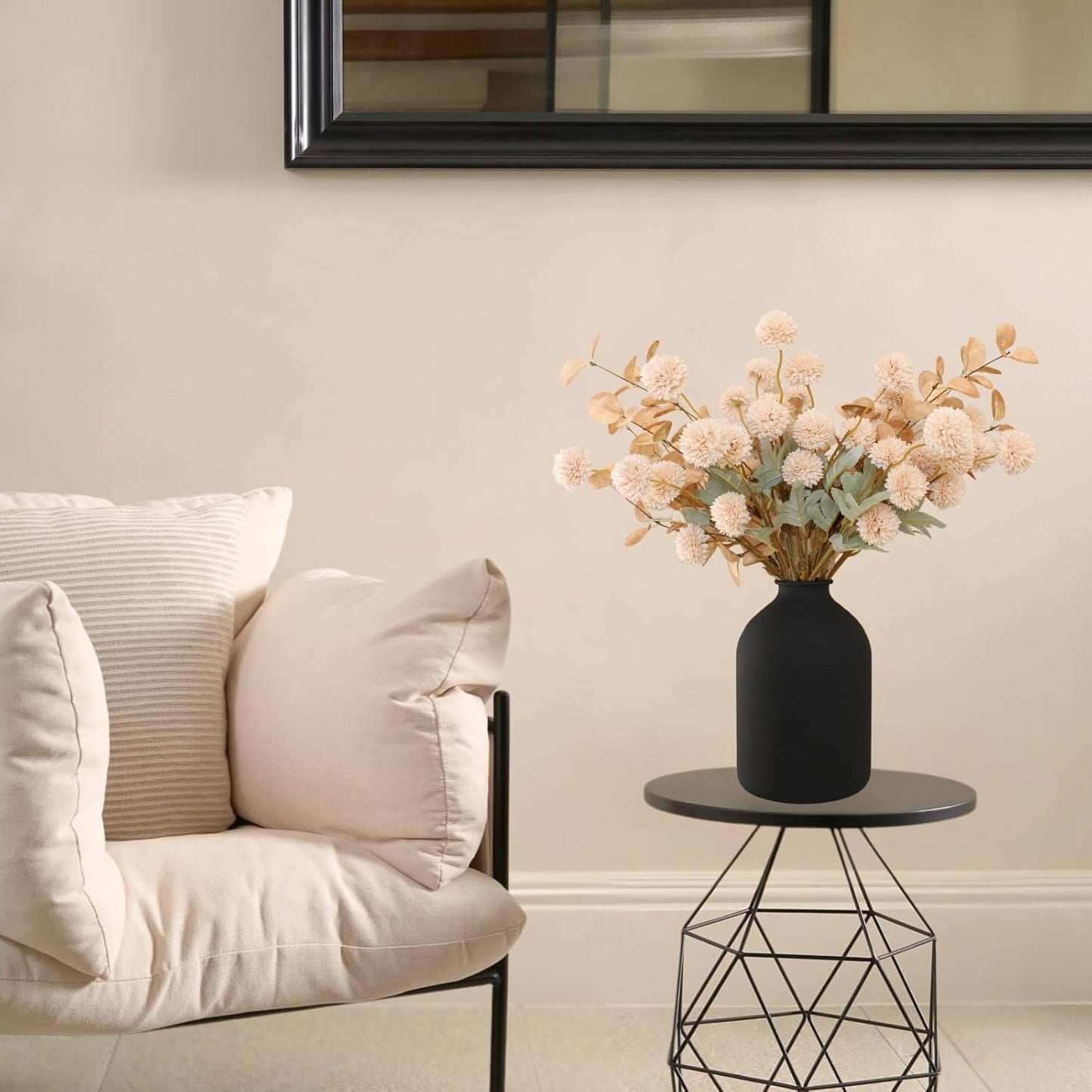 Beige Fake Flowers Silk 10 Stems With Eucalyptus, Faux Flowers For Vase, Artificial Mums Long Stem, Mini Faux Mums Flower Bulk, Tan Nude Cream Neutral Floral, Chrysanthemum Pom Pom Floral Arrangements