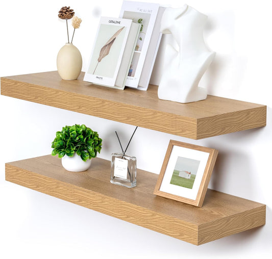 Deep Floating Shelves for Wall, 35.4W x 11.6D Rustic Large Wall Shelves Set of 2, 11.6 Inch Deep Oak Shelves 35.4 Inches Long, Bookshelf Laundry Shelf TV Shelf